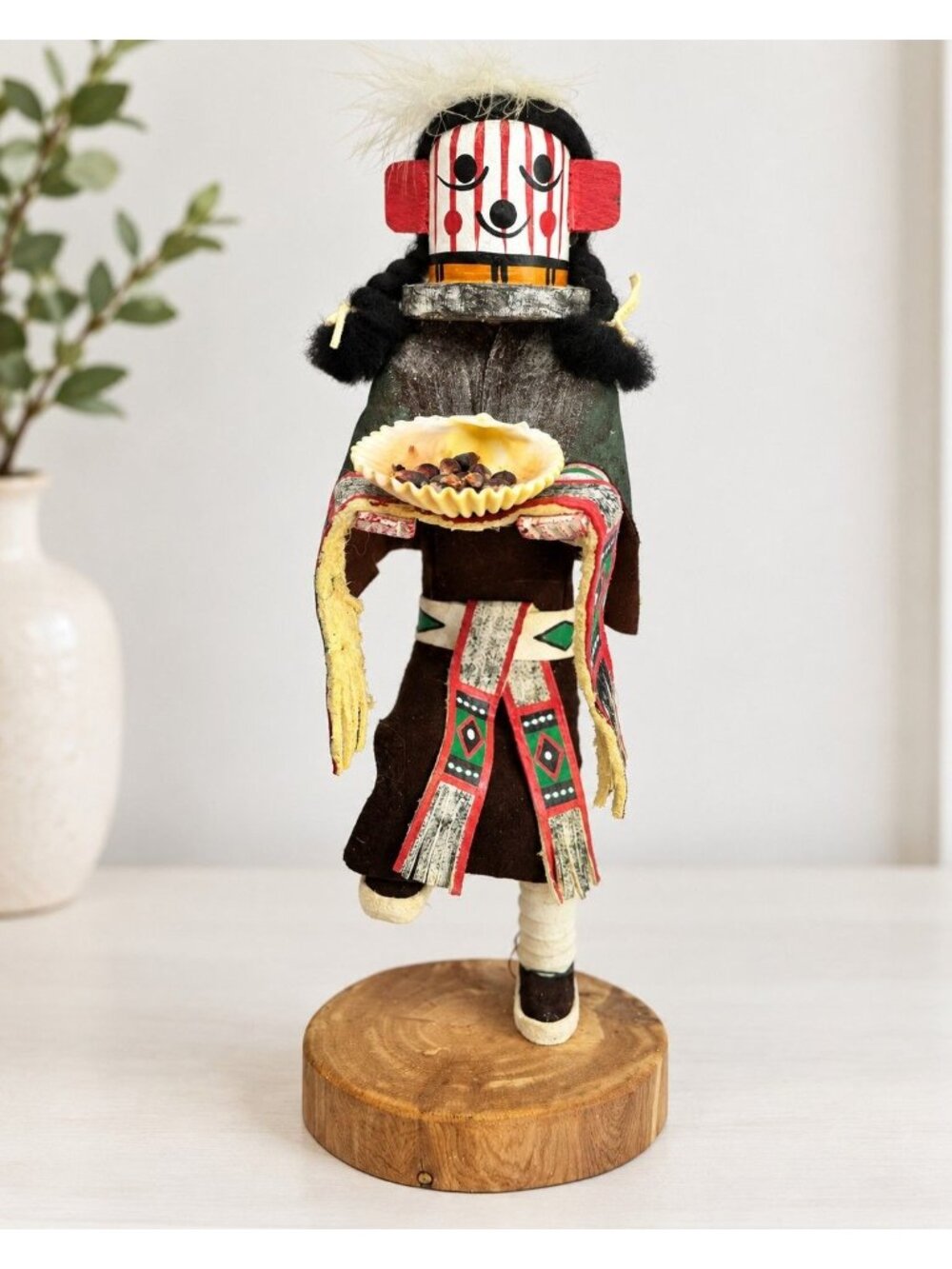 Smiling Grandmother Kachina Doll W. Yazzie Signed 12.5" Shell Bowl Corn Kernels